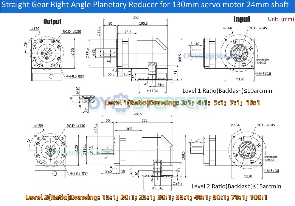 PVF120 Square Right Angle Planetary Gearbox for Nema 42 Stepper /100-130mm Servo Motor 19mm 24mm input