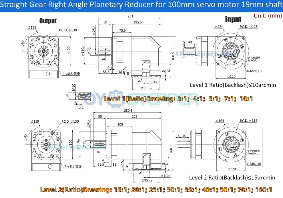 PVF120 Square Right Angle Planetary Gearbox for Nema 42 Stepper /100-130mm Servo Motor 19mm 24mm input