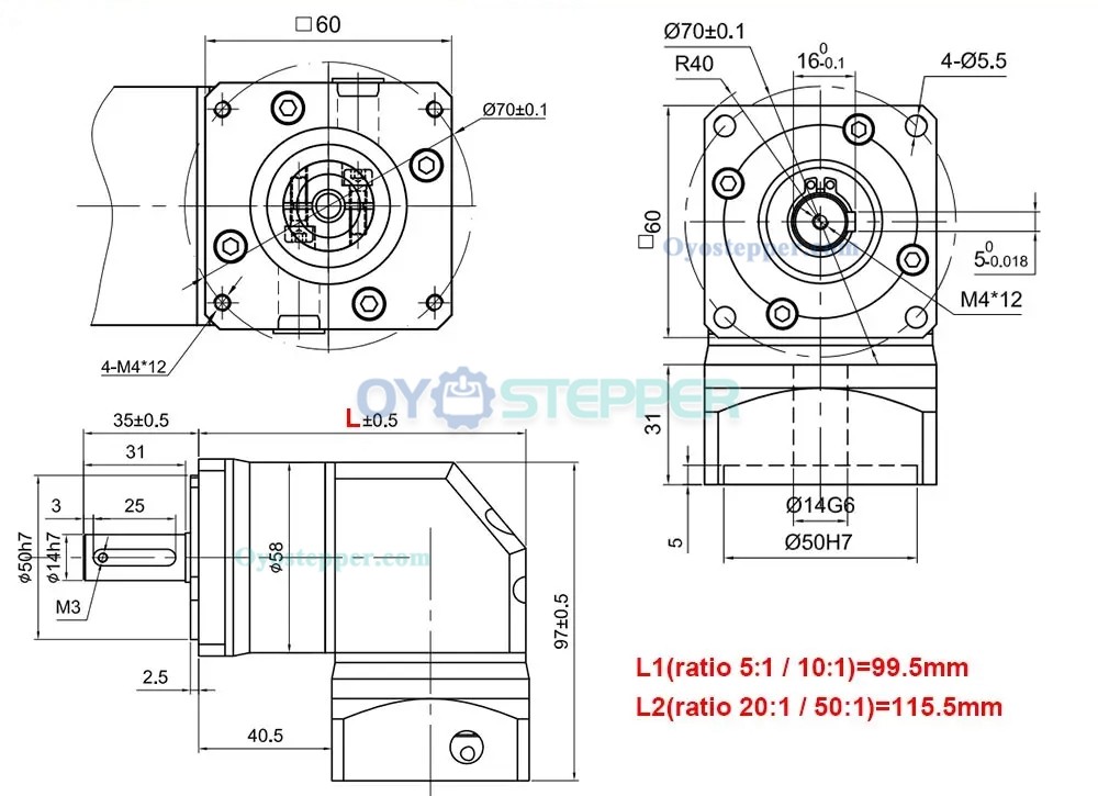 Right Angle Planetary Gearbox 5:1/10:1/20:1/50:1 Speed Reducer 90 Degree RTG60 for 60mm Servo Motors