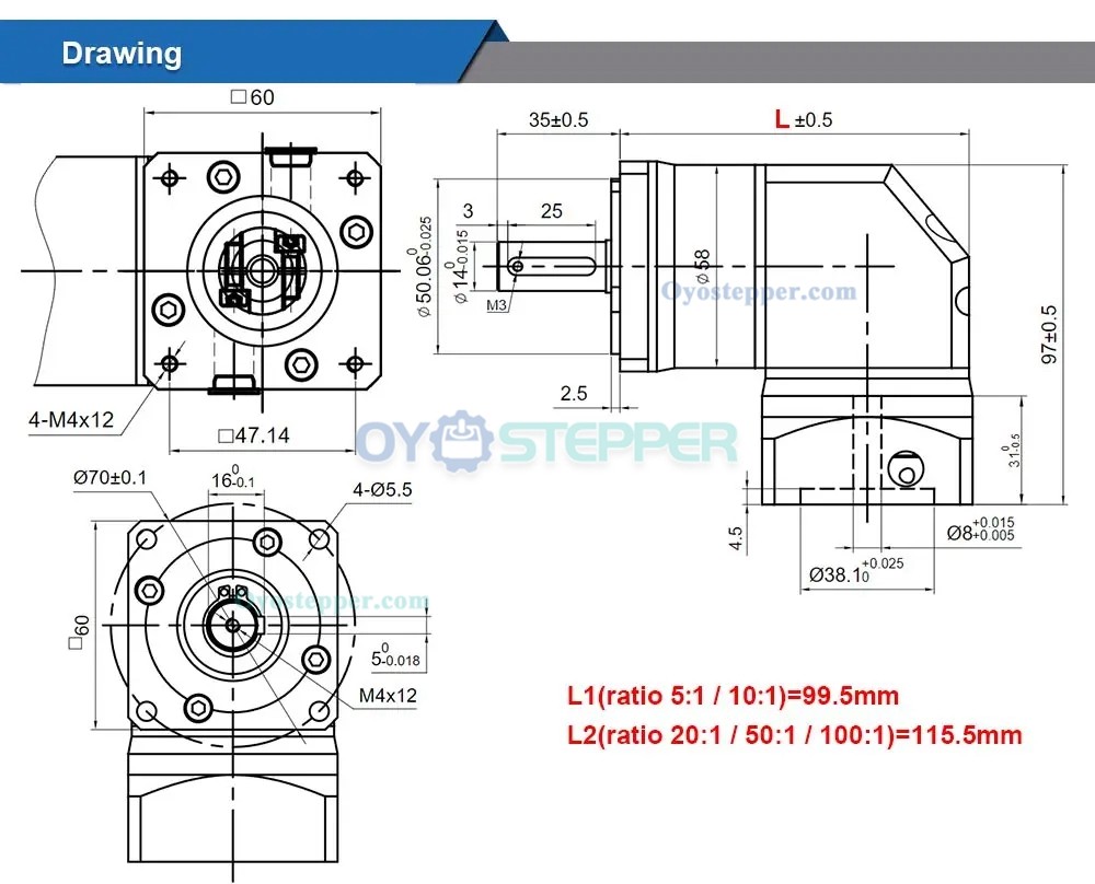 Right Angle Speed Reducer Gearbox 90 Degree 5:1/10:1/20:1/50:1 for Nema 23 Stepper Motor