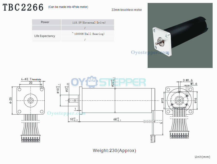 12V 24V DC Coreless Brushless Motor PMDC Brushless Motor 800g.cm 22*66 mm