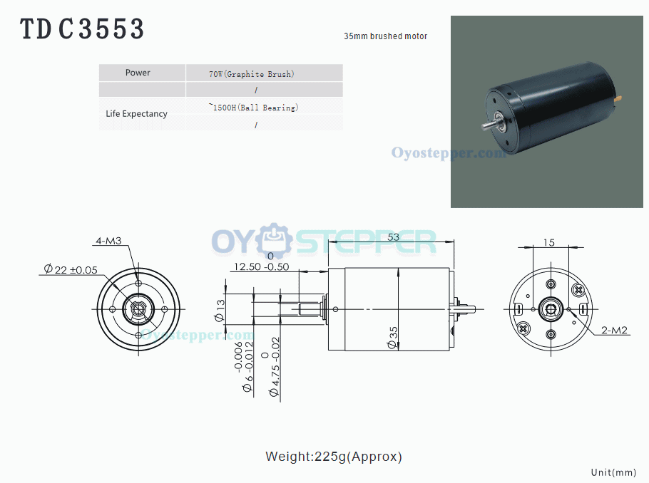 24V DC Coreless Brushed Motor 1300-1500mA 400g.cm 5500-6900r/min 70W 35mmx53mm