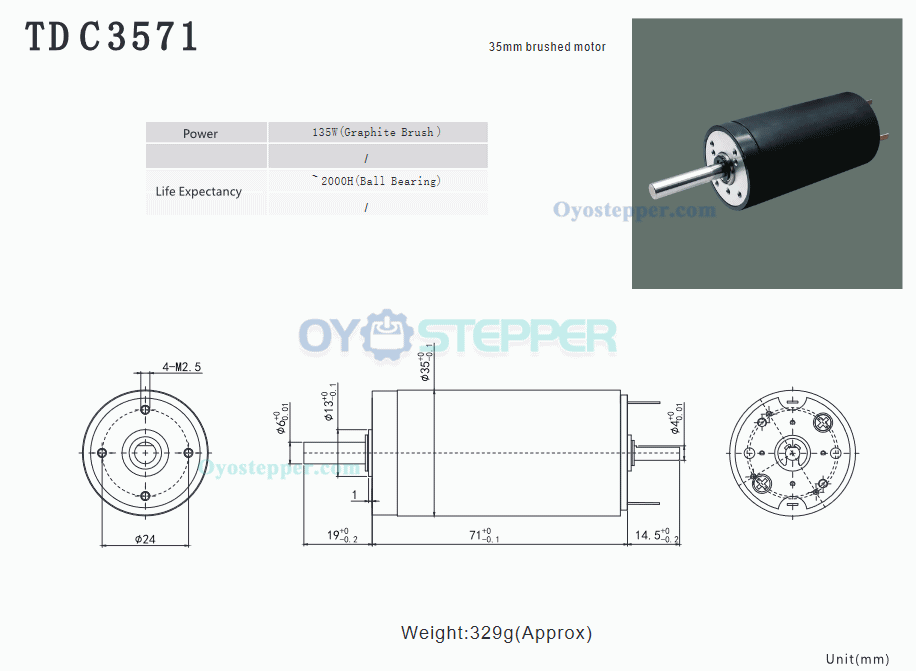 High Torque DC Coreless Brushed Motor 12V 24V 60-7000mA 2000g.cm 5000-7500r/min 150W 35mmx71mm