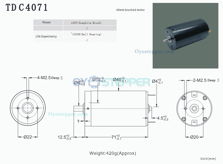 High Torque DC Coreless Brushed Motor 24V 30-7000mA 2000g.cm 7000r/min 40mmx71mm