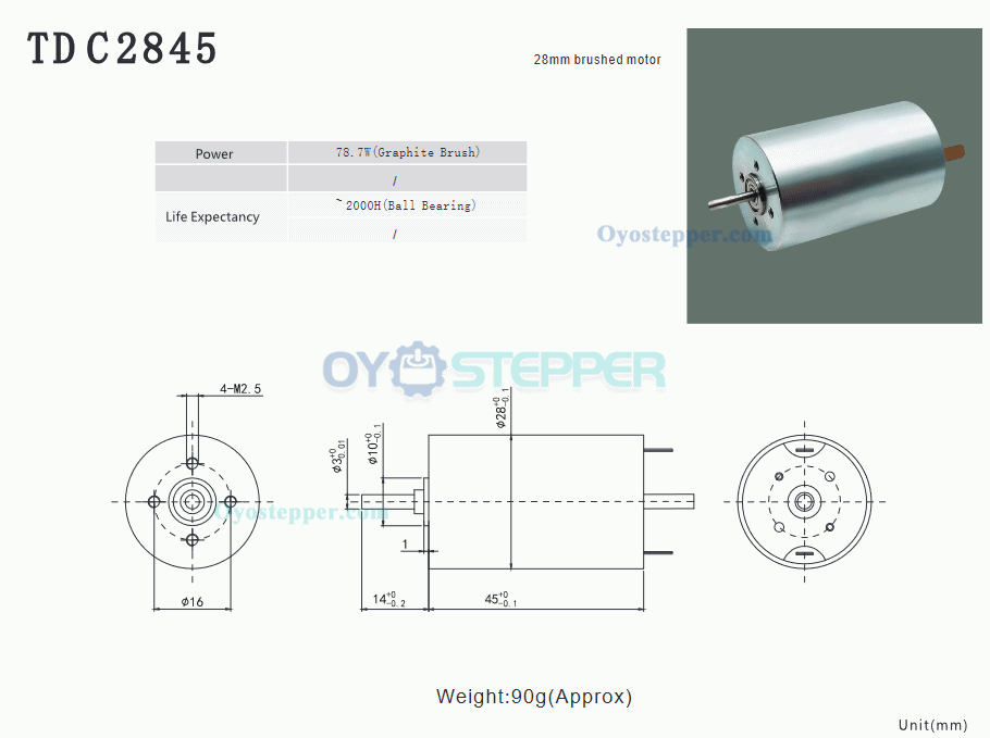 12V / 24V Brush DC Coreless Motor 1300-1500mA 1150g.cm 5500-6900r/min 45W 28 x45mm