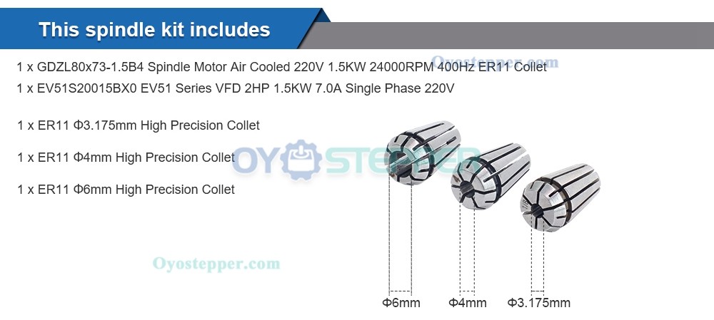 1.5KW CNC Air Cooled Spindle Motor 24000RPM 400Hz ER11+ 2HP VFD Variable Frequency Drive Inverter Kit
