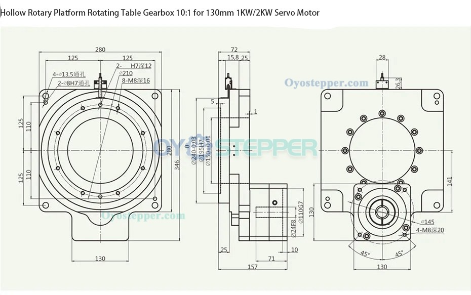 Hollow Rotary Platform Rotating Table Gearbox 10:1 for 130mm 1KW / 2KW Servo Motor
